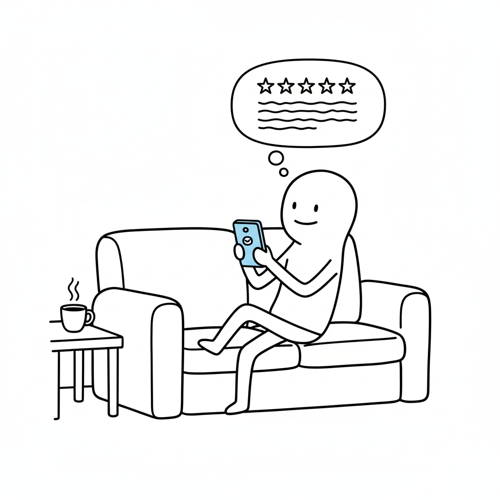 Stick figure illustration: Customer relaxing at home on couch, receiving a text reminder and happily writing a thoughtful review
